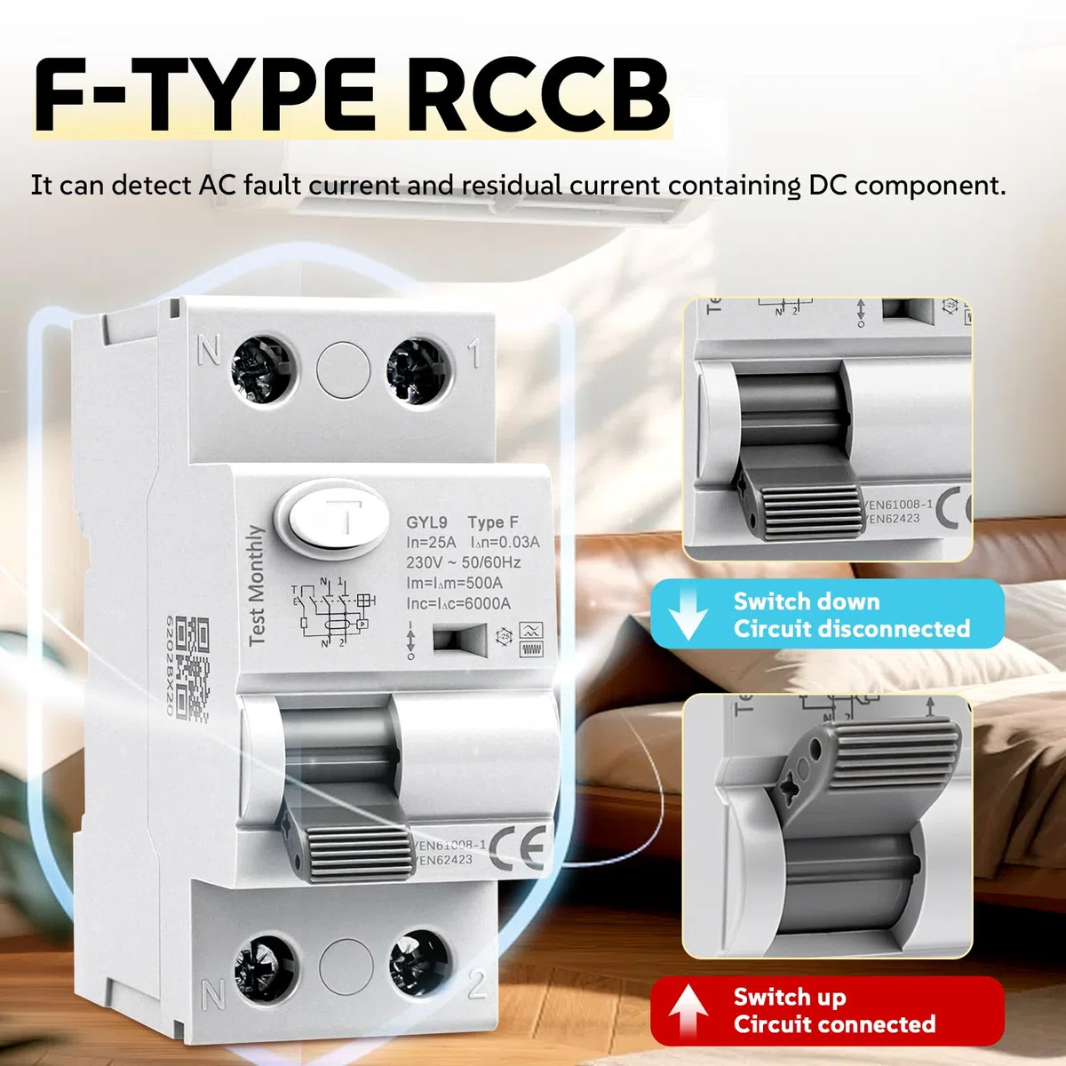 Interruttore magnetotermico differenziale Tipo F 25A 30mA 2 poli salvavita 25A 0.03A 6kA 2P RCCB AC230V interruttore differenziale adatto per apparecchiature a frequenza variabile monofase GYL9