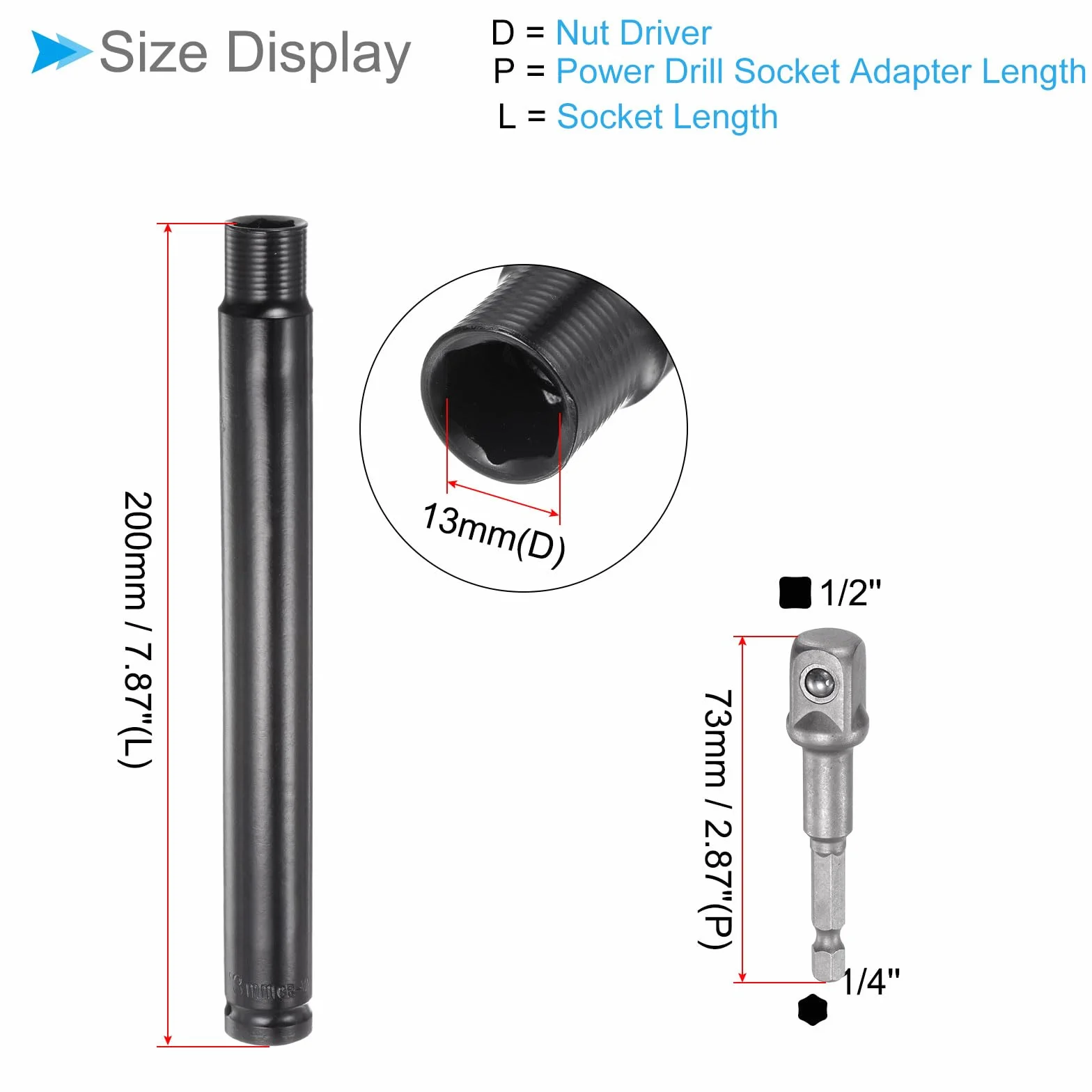 Prolunga Presa Cava, Misura 13mm Lunghezza 200mm Attacco Esagonale 1/4" Adattatore 73mm Chiave Bussola 6 Punti Dadi Potenza Cambio Rapido-(Applicazioni: Asta Filettata Lunga), 2pz