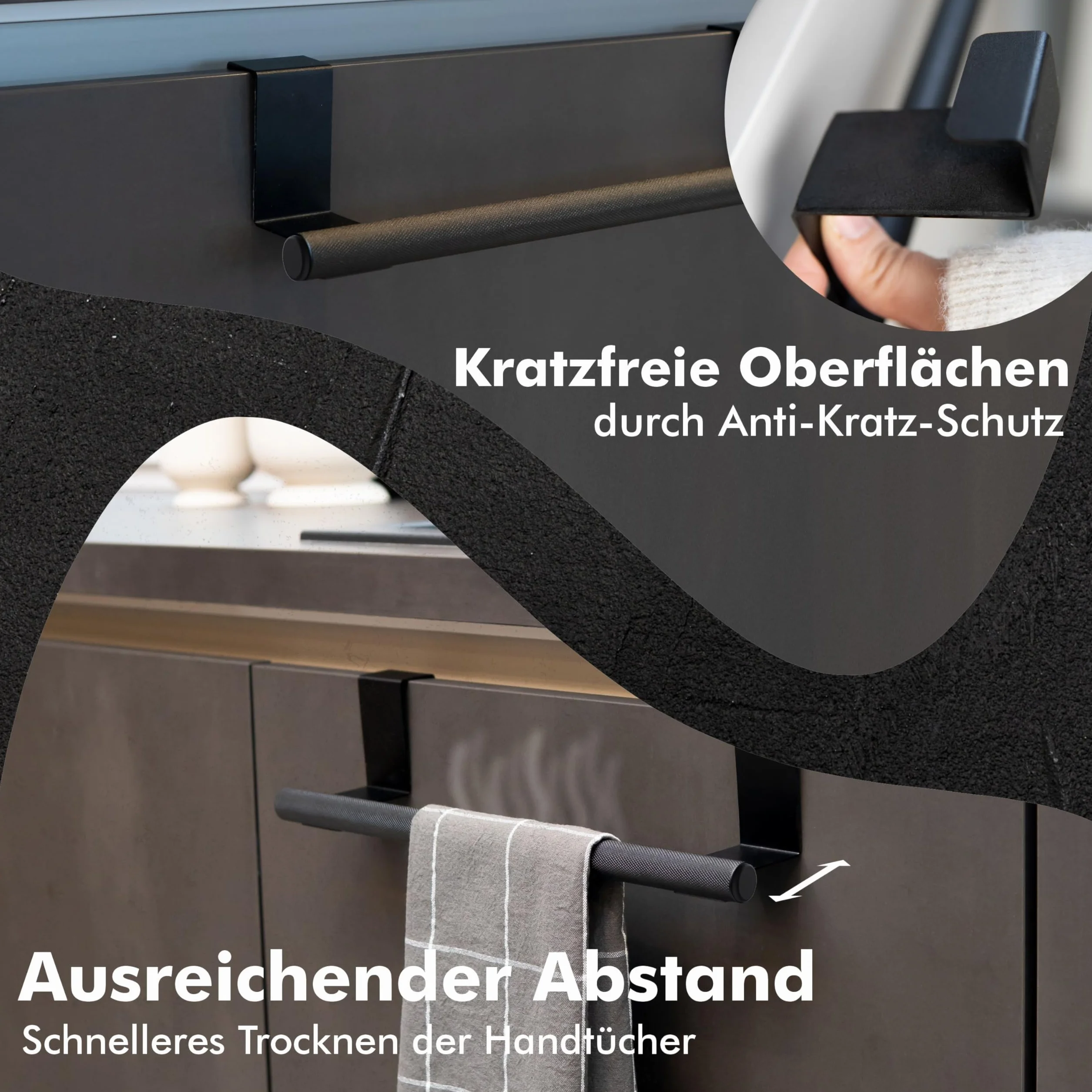 Wow!Kitchen Portasciugamani senza fori per la cucina, antiscivolo e stabile, gli strofinacci rimangono appesi grazie alla superficie speciale, non si attaccano, non si forano, porta strofinacci, nero