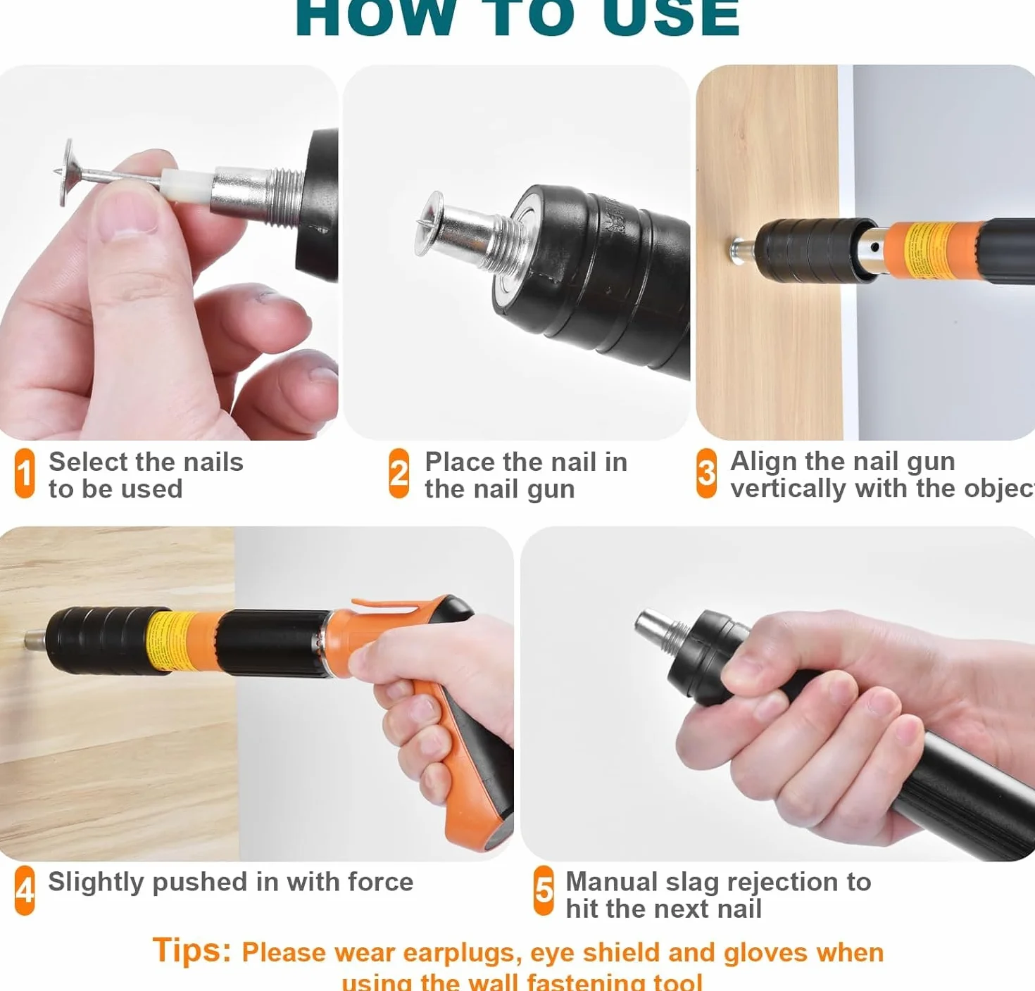 Pistola Chiodatrice Manuale per Calcestruzzo e Acciaio, Mini Chiodatrice con 5 Livelli di Potenza Regolabili, Silenziosa, Kit con 220 Chiodi e Accessori per Parete, Soffitto e Canalina (Arancione)