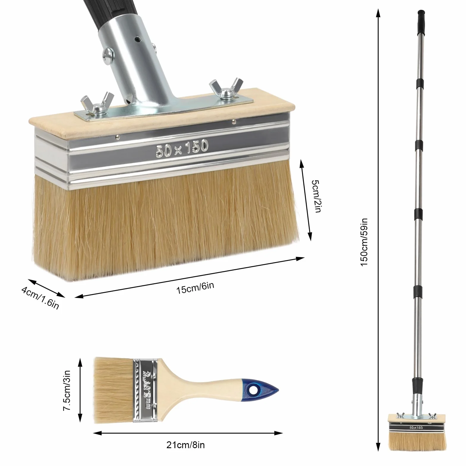 Spazzola per pittura da terrazza con manico telescopico – Pennello per vernice da 150 mm e spazzola da 3 pollici – con manico di prolunga da 152 cm – spazzola per pittura per terrazze in legno
