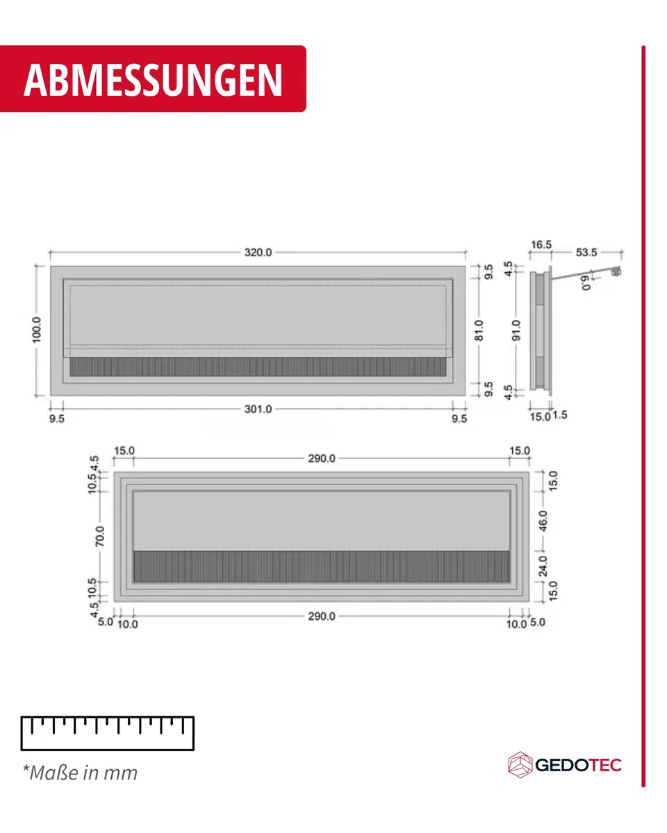 Gedotec Passacavi Argento Scrivania Eco rettangolare con guarnizione a spazzola, passacavo in alluminio argento anodizzato, scatola per cavi da 320 x 100 mm da inserire | 1 pezzo