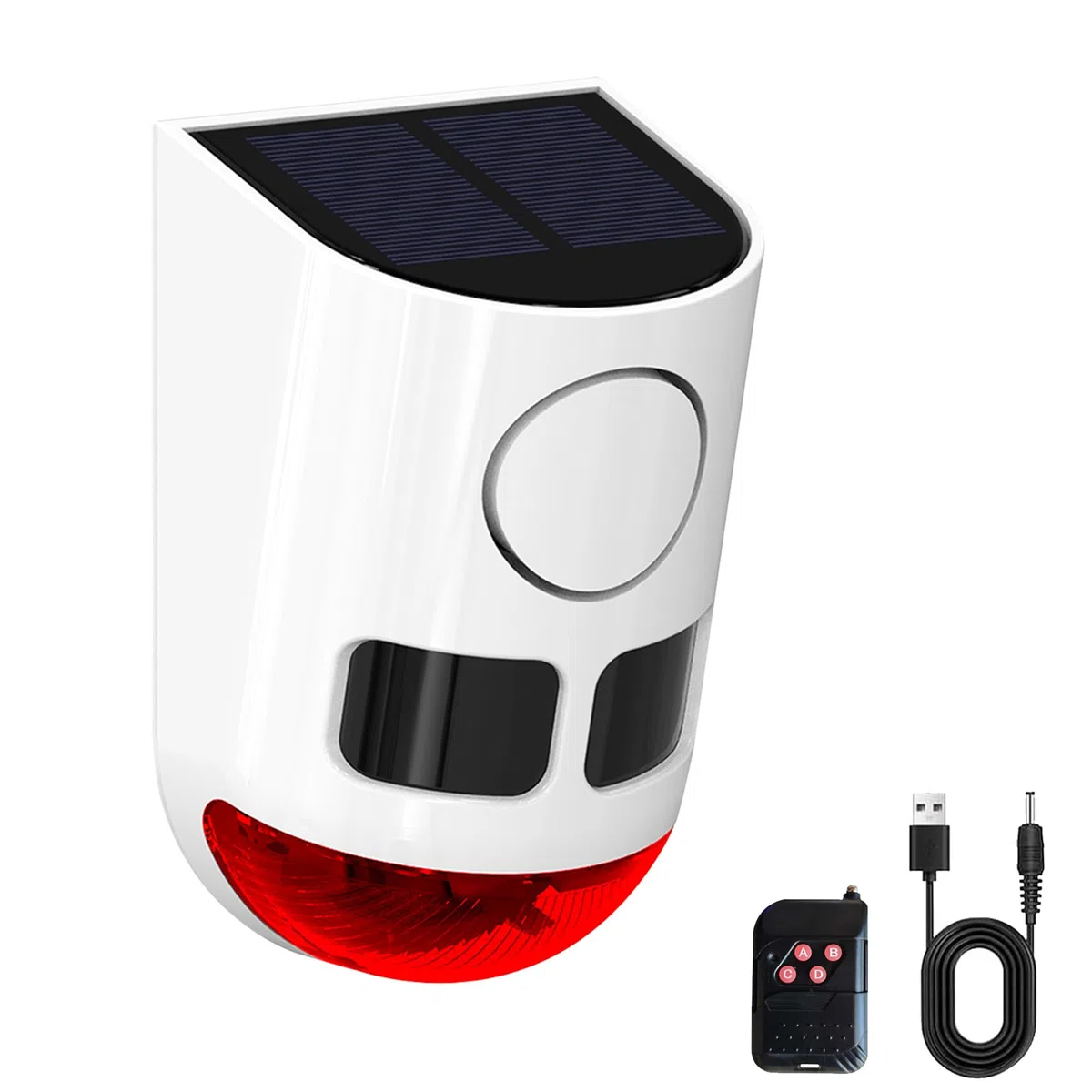 Allarme solare per esterni con sensore di movimento, 110 db, forte rumore, 4 modalità di lavoro, luce stroboscopica con USB per casa, villa, cortile, pollaio, fattoria, fienile, dì addio agli