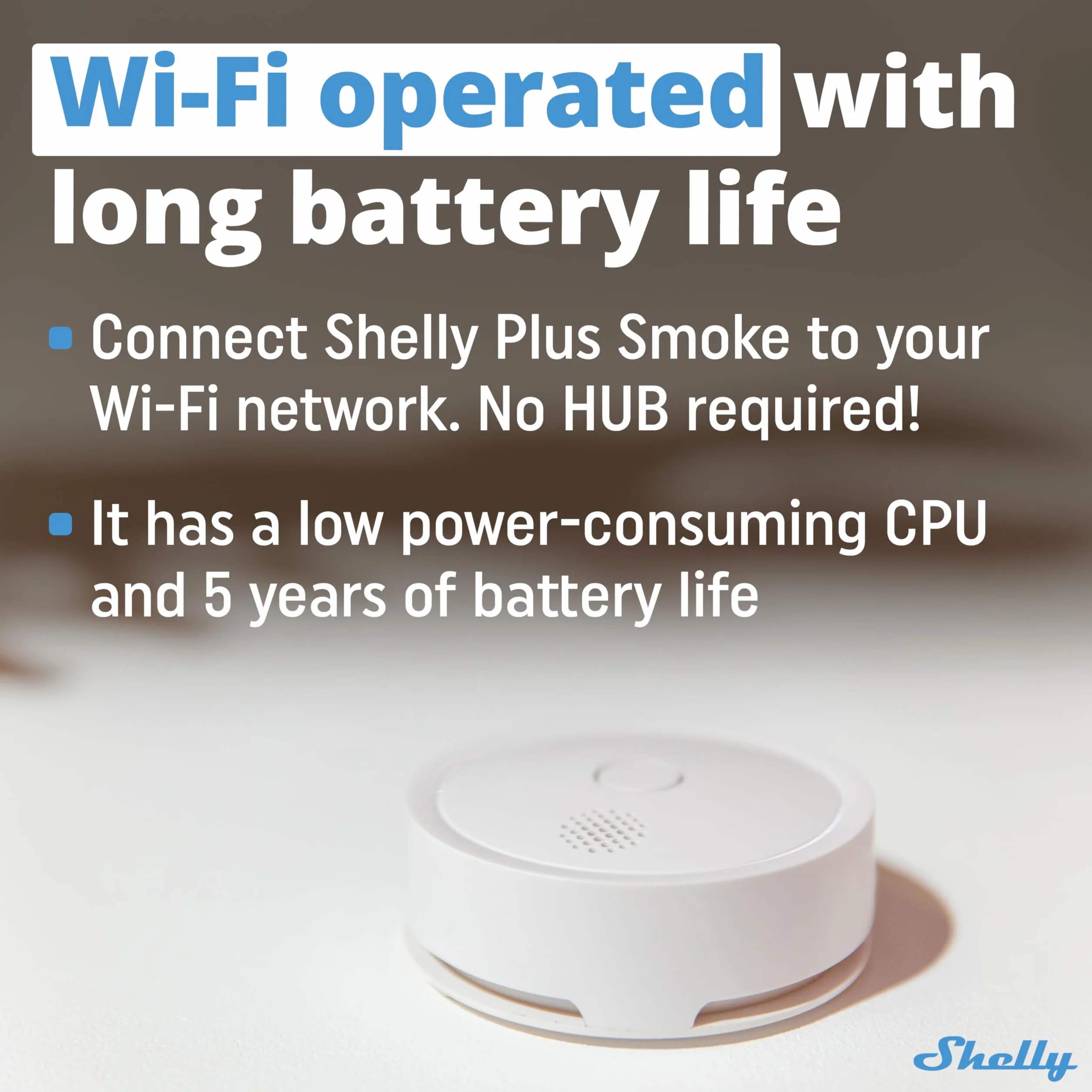 Shelly Plus Smoke, Rivelatore di Fumo Wi-Fi e Bluetooth, Allarme Antincendio, Sensore Fotoelettrico, Durata Batteria 5 Anni, EN 14604, Notifica Immediata, Alexa, Google Home, iOS Android