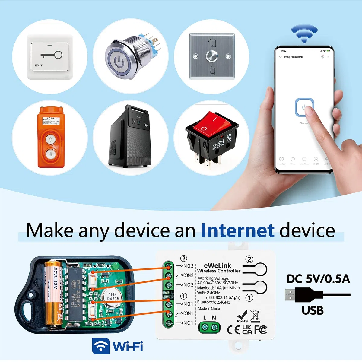 DieseRC Interruttore Intelligente Wi-Fi 2 canali Modulo Relè di Uscita Passivo AC 90V-250V 220V Controllo WIFI APP Ewelink compatibile con Alexa/Google Home, interruttore a impulsi/autobloccante