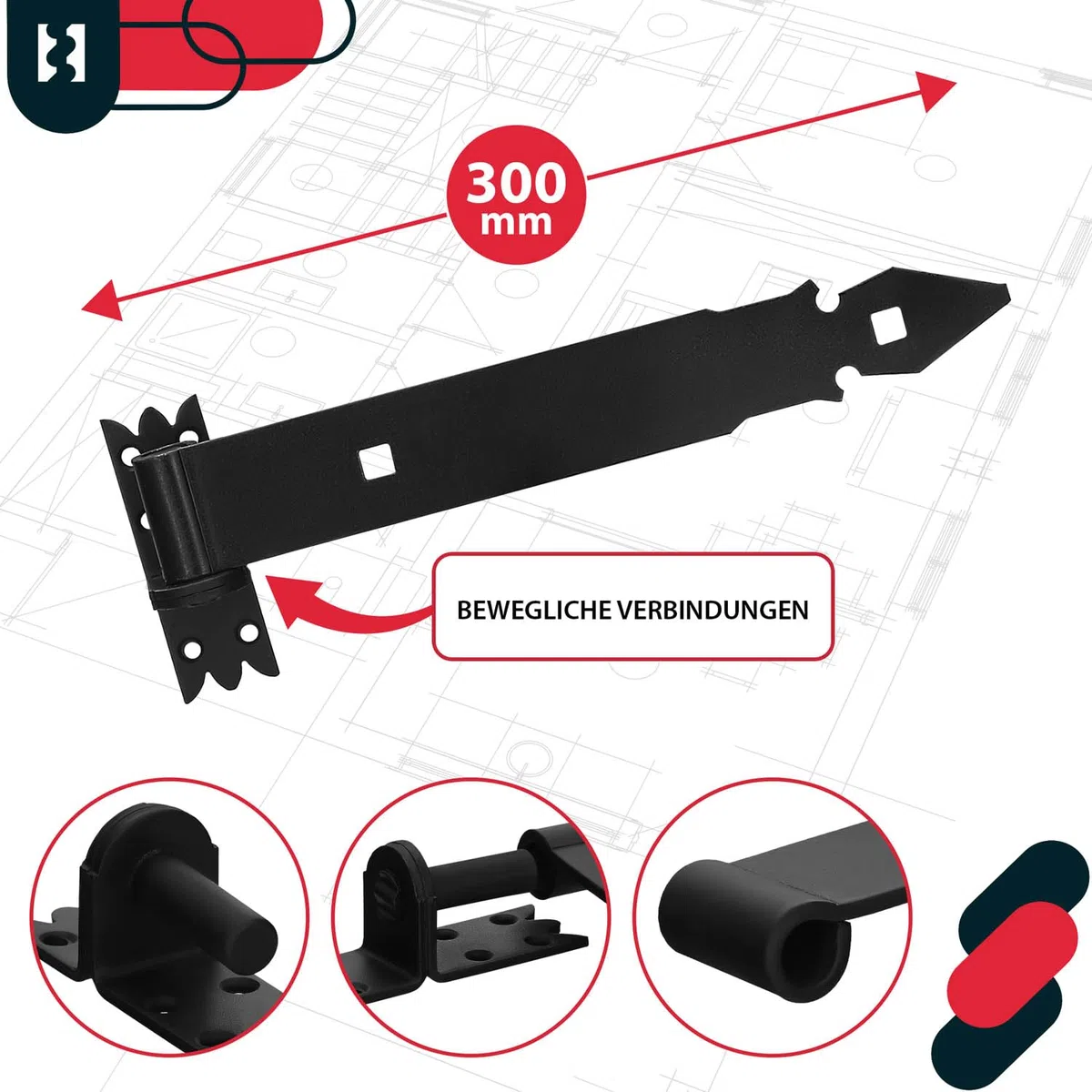KOTARBAU - Cerniera a bandella per porta, 300 mm, con gancio, rivestimento in polvere, 2 pezzi
