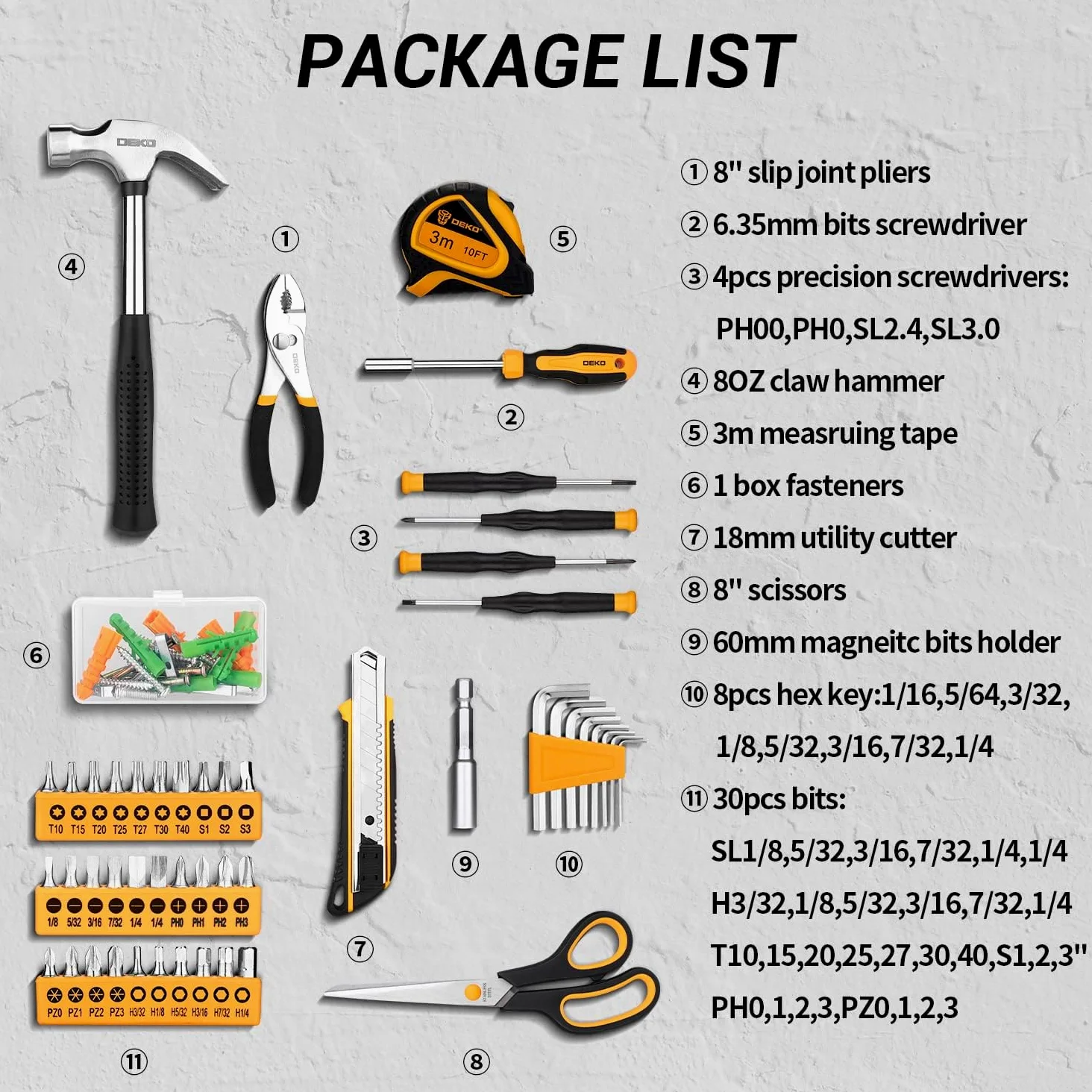DEKOPRO Kit di utensili manuali generici per la casa con custodia in plastica, kit di attrezzi multiuso per la casa, include strumenti essenziali per riparazioni in ufficio e università, 50 pezzi