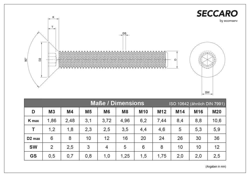 Vite a testa svasata SECCHARO M10 x 100 mm, acciaio inox V2A VA A2, DIN 7991 / ISO 10642, esagono incassato, 20 pezzi