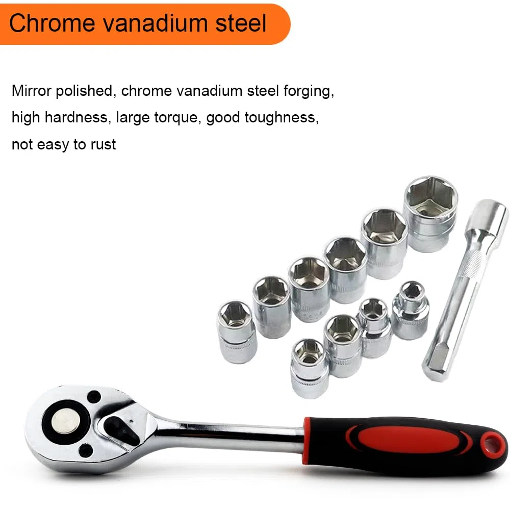 12 Pezzi Set di Chiavi a Bussola a Cricchetto Reversibile da 3/8" Set di Chiavi a Cricchetto CR-V Inserti per Punte Esagonali da 8-19 mm e Prolunga Adattatore da 3/8" (6 Pollici)