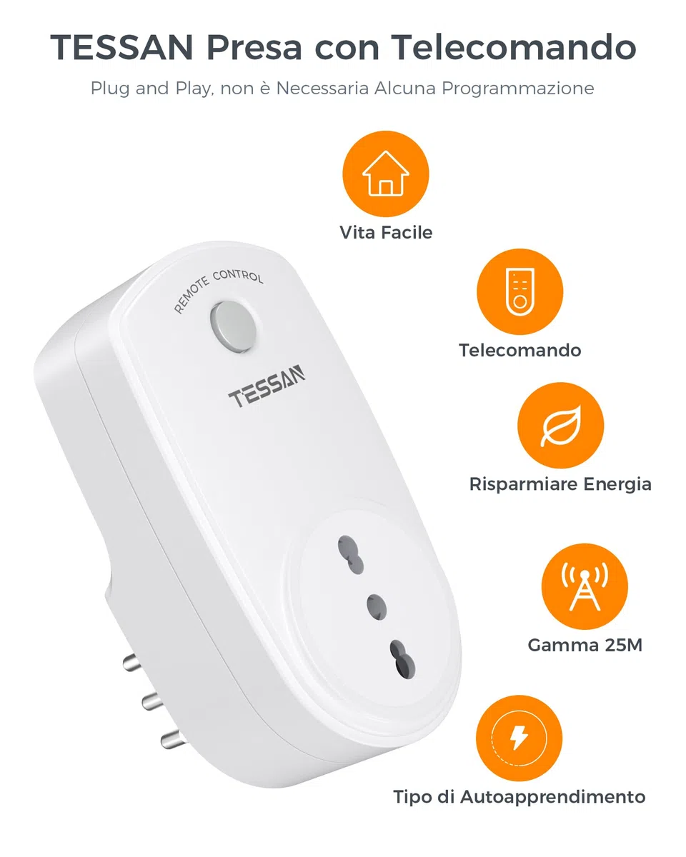 TESSAN Presa Telecomandata con Telecomando, Presa di Corrente Radiocomandata con portata di 25 metri, PreProgrammato Wireless Interruttore Spine Italiana 10A Adatto Interno