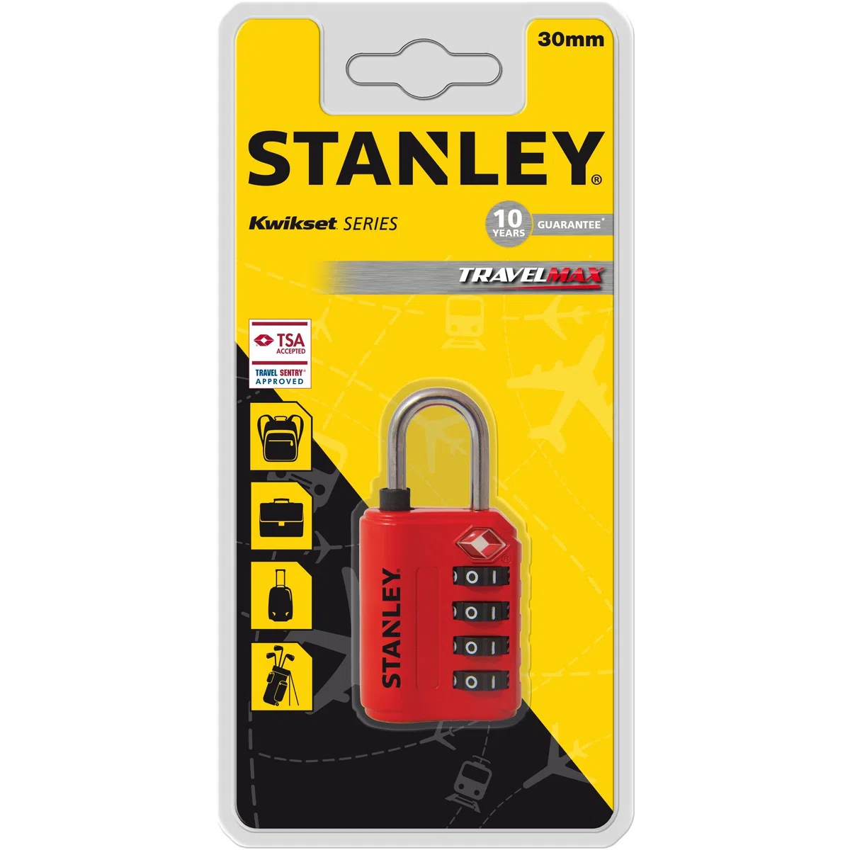 Stanley S742-058 Lucchetto da Viaggio, Combinazione a 4 Cifre, Arco Acciaio 30 mm, Tsa, Indicatore di Sicurezza in Zinco, per Zaini, Borse, Valigie, Borse Sportive, Rosso