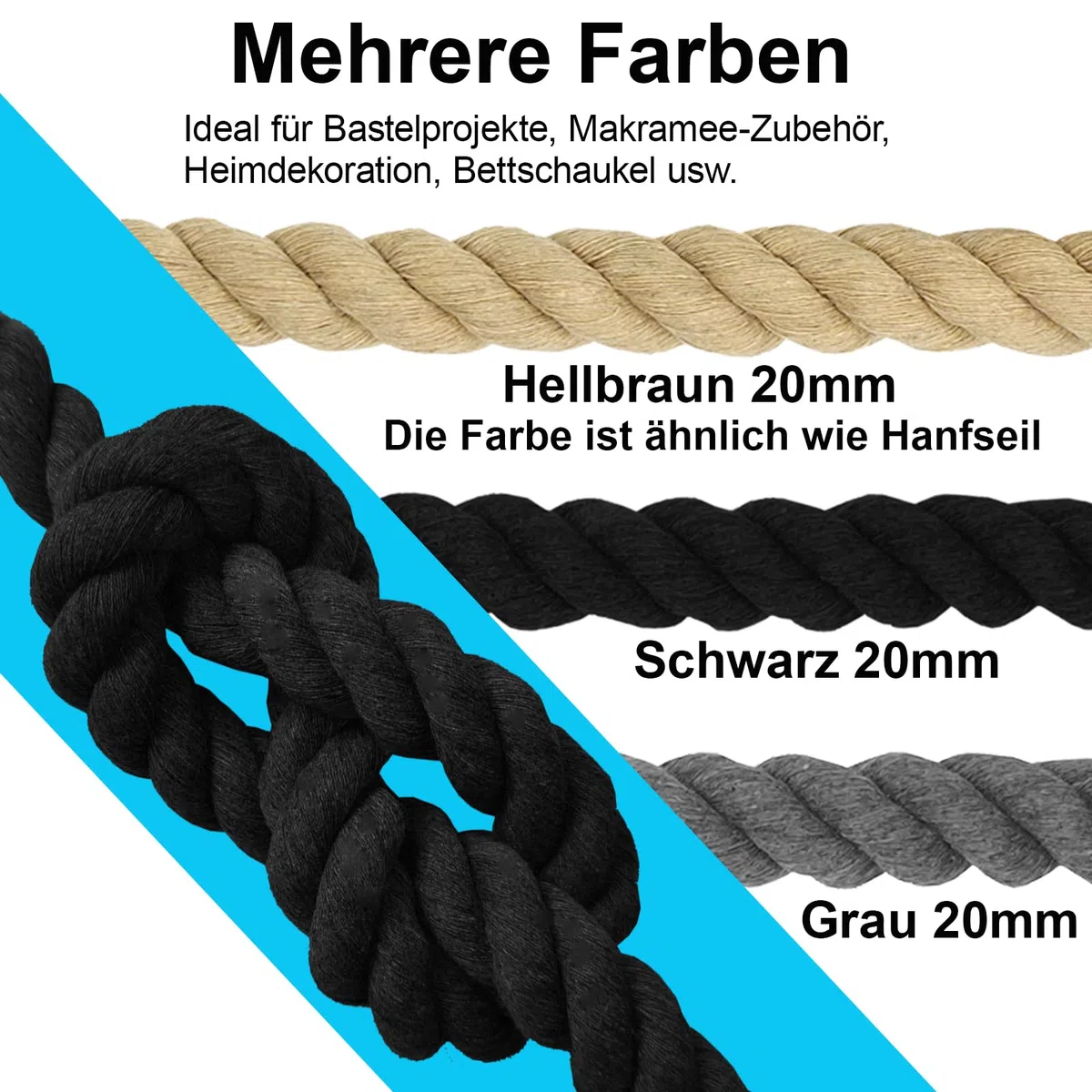 Cordoncino di cotone, grigio, corda di cotone macramè, molte misure, per lavori fai da te, regali (grigio, 20 mm (5 m)