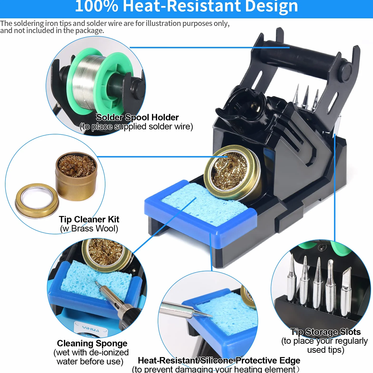 YIHUA X-2 Evolution Advanced - Supporto per saldatore resistente al calore e sistema di stoccaggio con supporto per bobine di saldatura, bordo protettivo, 5 scomparti per punte integrate