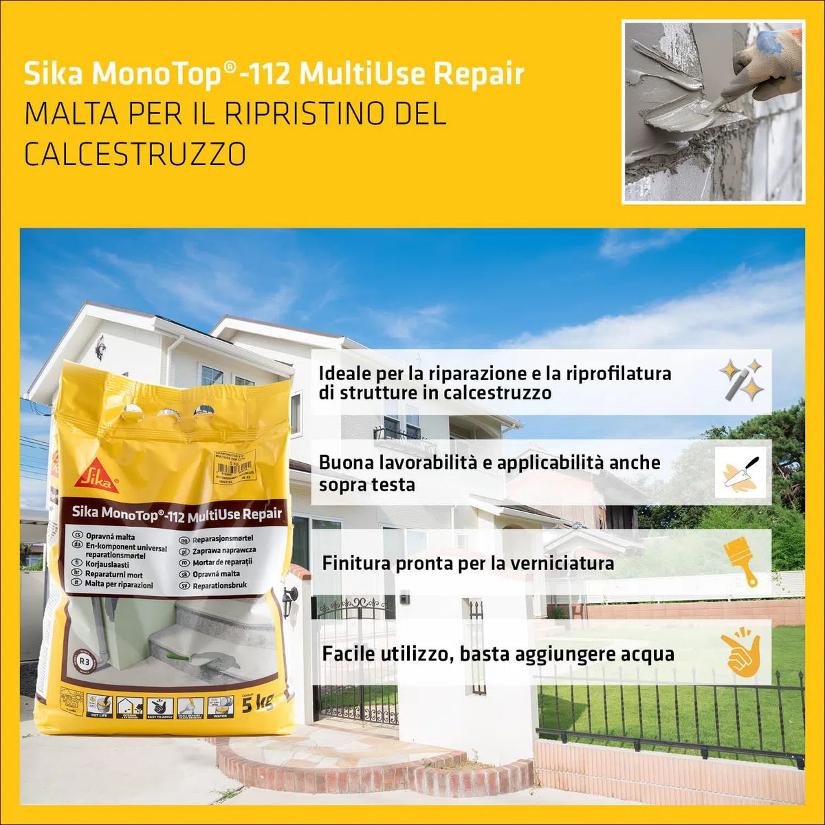SIKA - Malta per ripristino calcestruzzo - Sika Monotop 112 MultiUse Repair - Pronta all'uso per riparazioni facili e durature su cemento e pilastri - Alta qualità per il tuo fai-da-te - 5kg