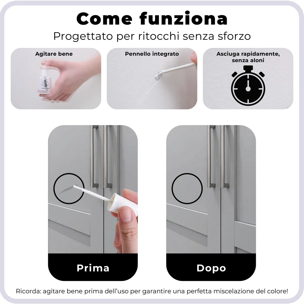 spot. Vernice per ritocchi – finitura opaca, ad asciugatura rapida, perfetta per armadi, pareti, finestre, porte e riparazioni di mobili, set di 3 colori si adatta al 90% di tutte le superfici (grigio