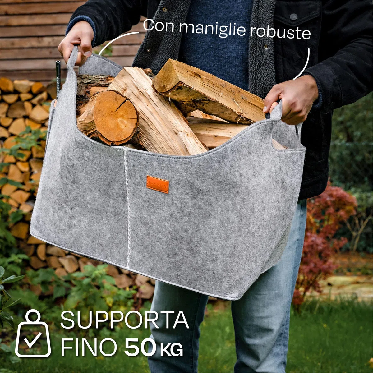 Praknu Borsa in Feltro per Legna Da Ardere - Grande - In Feltro Riciclato - Porta Legna per Interni - Cesta per Legna Robusta e Multiuso - Grigio