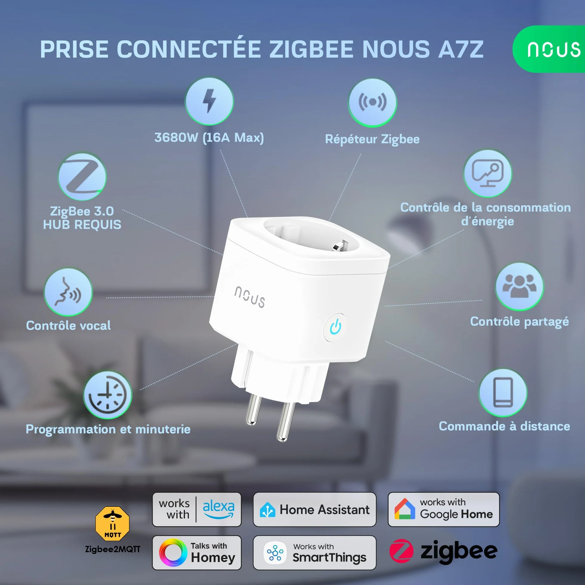 NOUS A7Z Presa Intelligente ZigBee con Monitoraggio Energia, 16A, Controllo App & Voce, Timer e Programmi, Compatibile con Alexa, Google Home, Home Assistant, Tuya, Richiede Hub ZigBee, 2 Pack