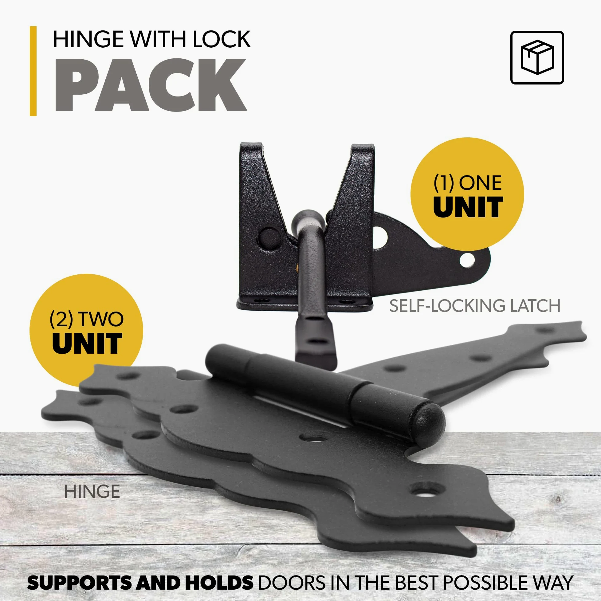 DOJA Barcelona | Set Cerniere Ferro Battuto e Chiusura | Cerniera a T 150x45x185x2,5mm | Serratura 48x38x58mm | Acciaio Zincato Nero | Set Cerniera Ferro Battuto Porte Legno per Interni ed Esterni