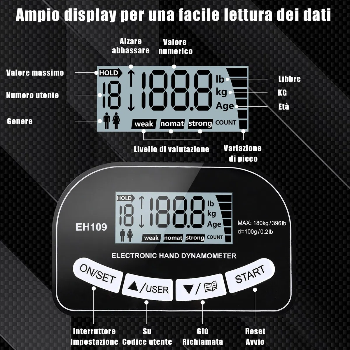 Dinamometro Digitale Portatile per Misurazione della Forza di Presa, Misuratore Elettronico di Forza con Acquisizione Automatica, Strumento di Precisione per Test di Resistenza(180KG)