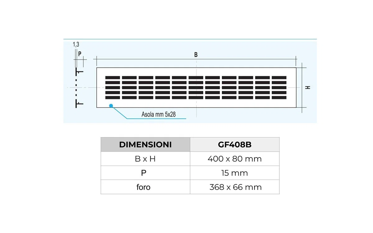 La Ventilazione GF408B Griglia di ventilazione Rettangolare in alluminio verniciato bianco da incasso, Dimensioni 400x80 mm.