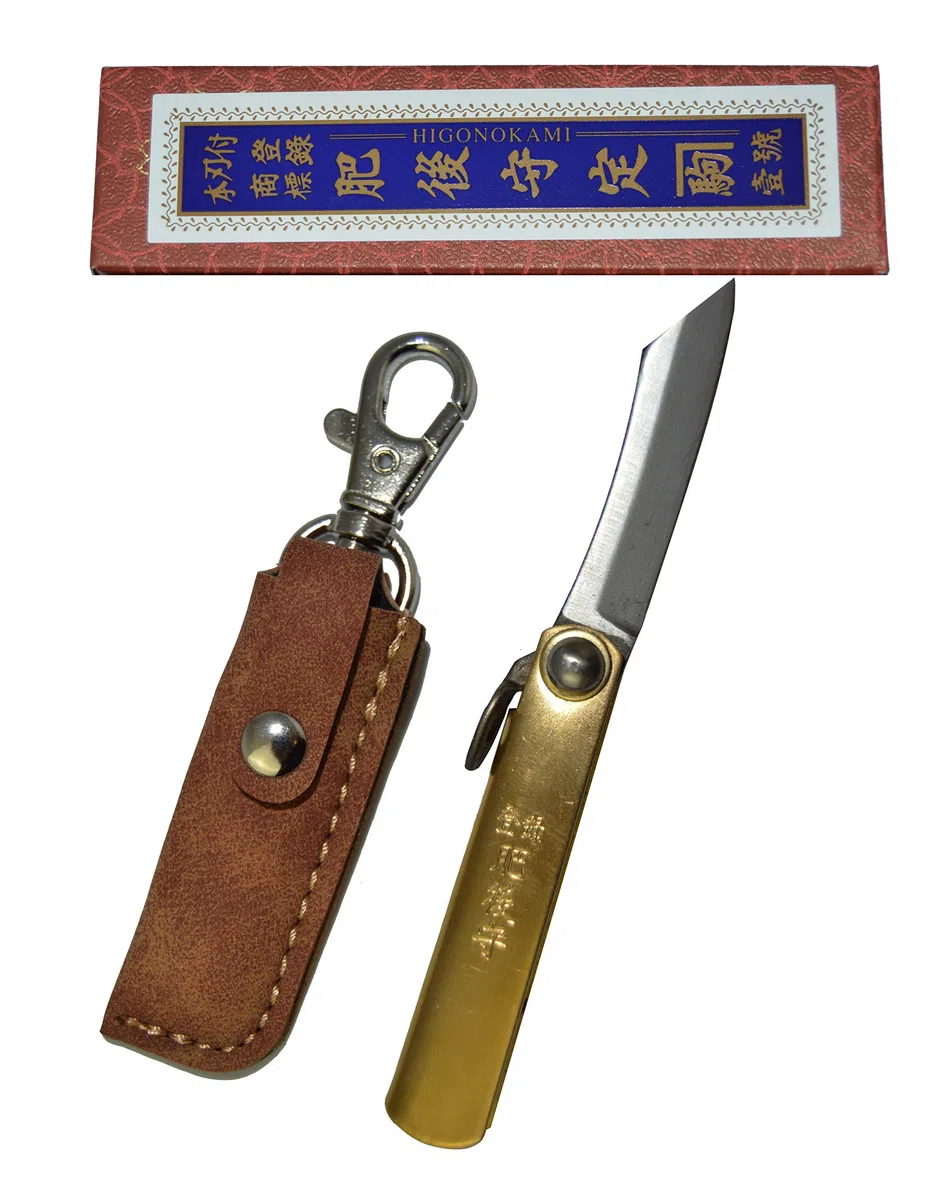 HIGO NO KAMI Coltello Tascabile Pieghevole Artigianale Giapponese Mamé e Il Suo Copertina Marrone Fatto a Mano in Giappone da Nagao Kanekoma