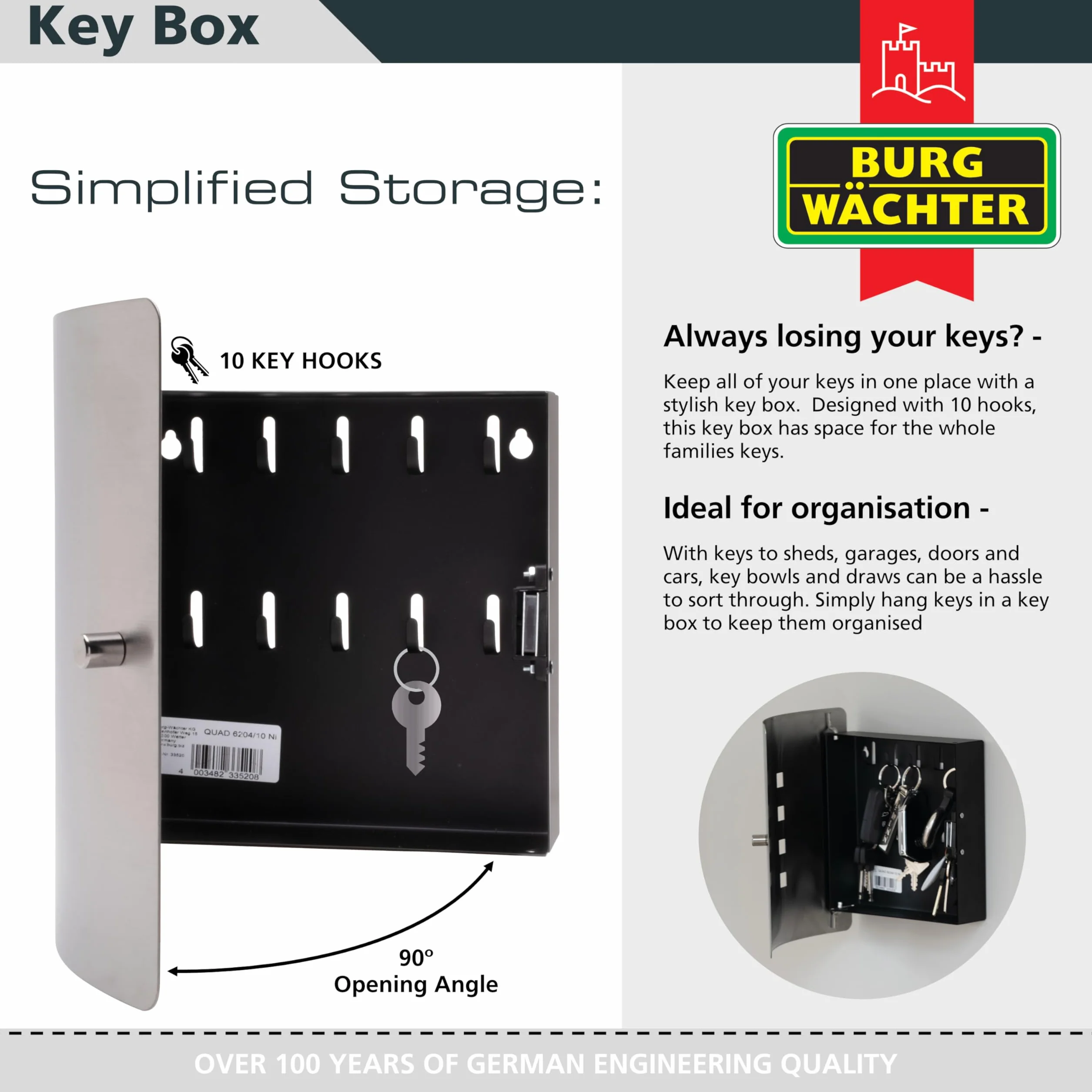 BURG-WÄCHTER Cassetta portachiavi con 10 ganci e chiusura magnetica, Armadietto per chiavi Quad 6204/10 Ni, Acciaio inox/lamiera d’acciaio, Argento/nero