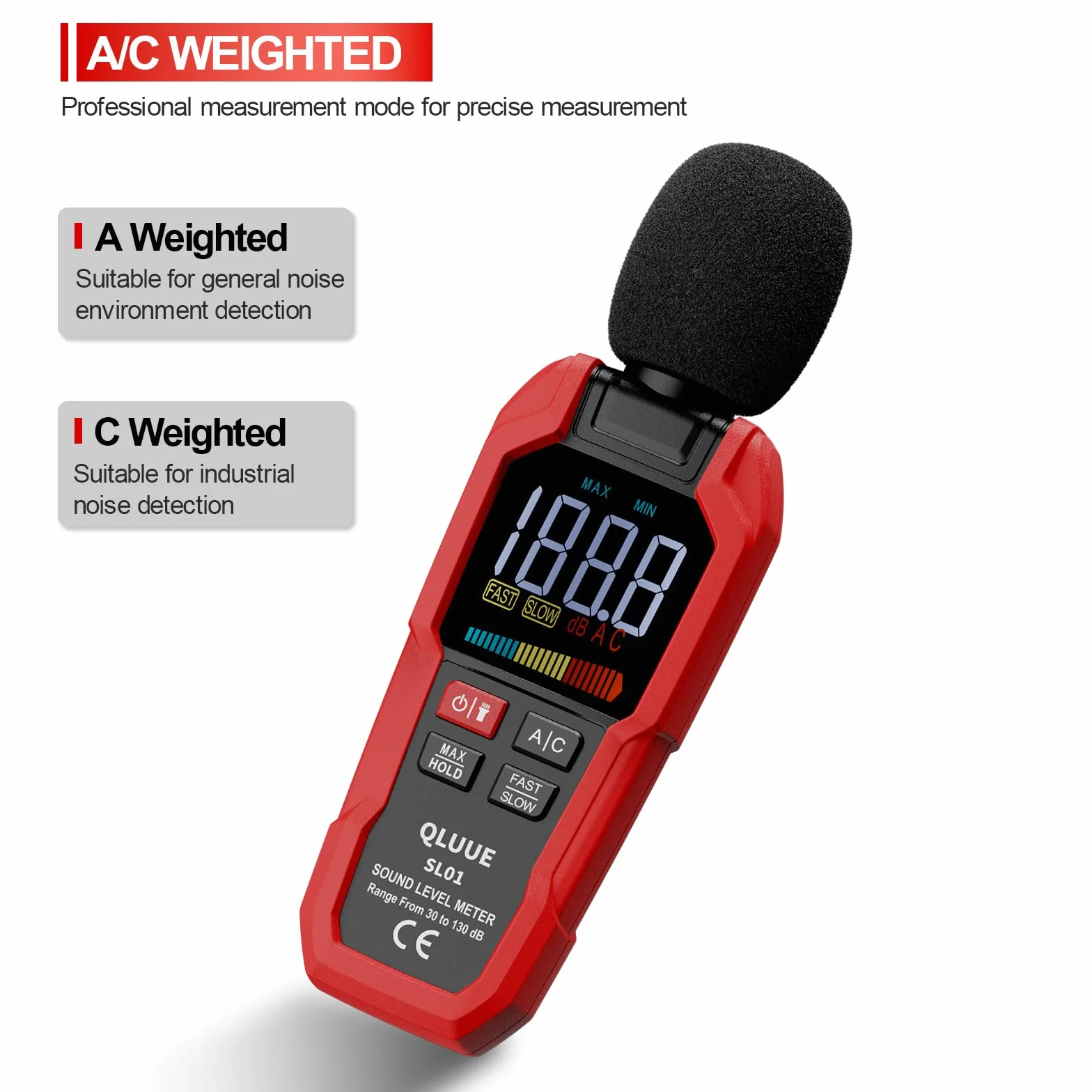 Misuratore di livello sonoro, coltello decibel digitale portatile, da 30 dB a 130 dB, display LCD ponderato A/C, può essere utilizzato a casa, in fabbrica e su strada