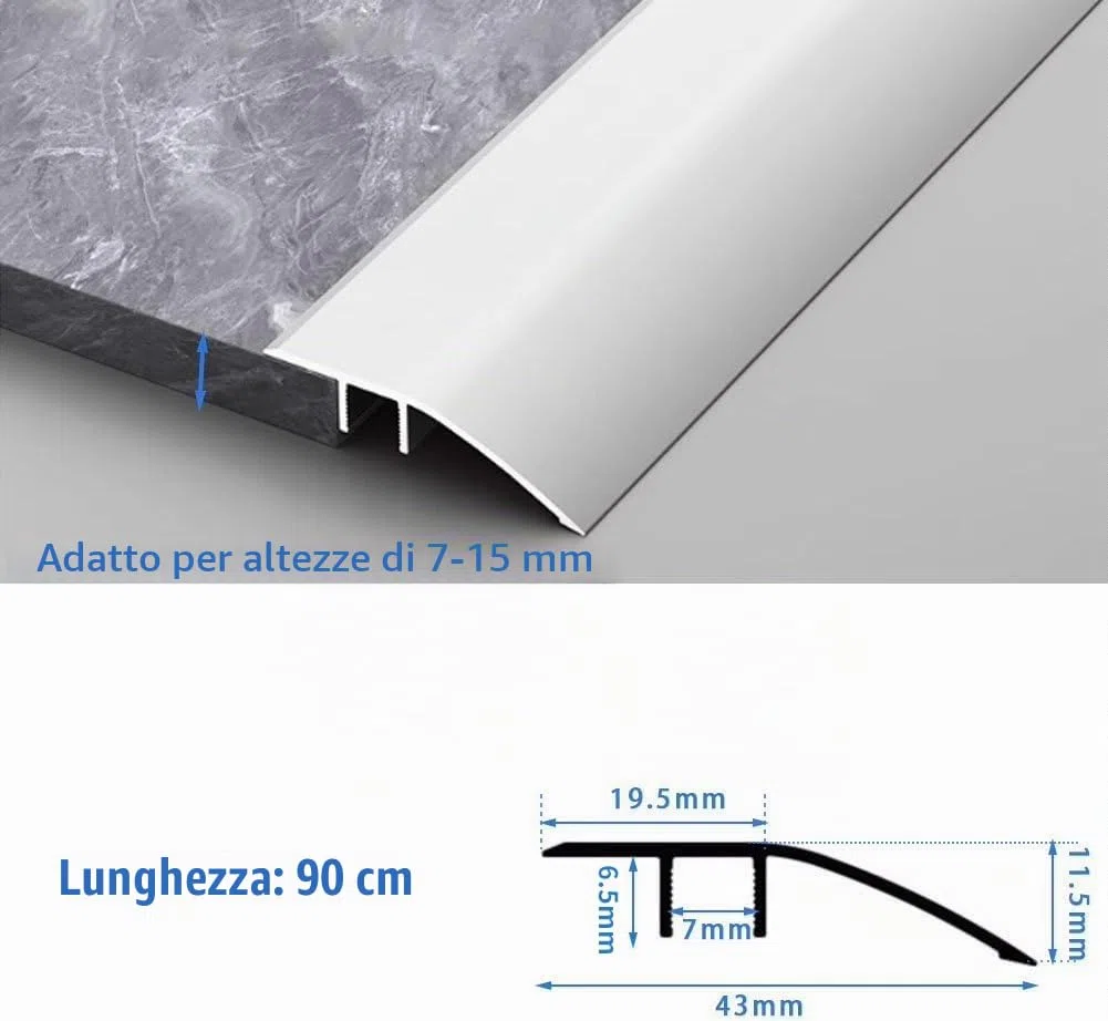 Striscia di Transizione per Pavimento Alluminio Soglia di Dislivello Metallo Soglia della Porta, Alluminio Profilo di Transizione Pavimento per Dislivello di 6-12mm(0.9mx4.3cm, Argento)
