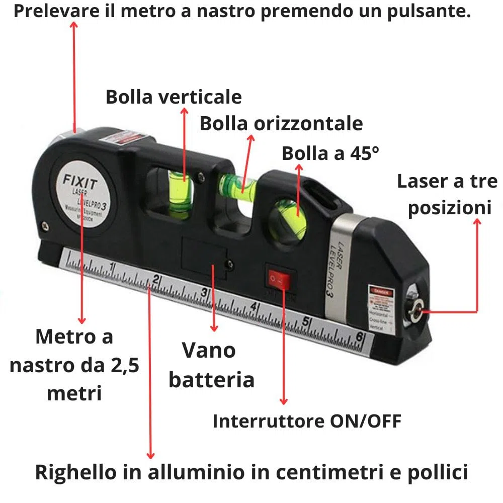 Livella laser 4 in 1 con metro a nastro, multifunzionale, laser livellante multifunzionale, lazer orizzontale verticale e trasversale, livello a bolla con righello, batterie incluse