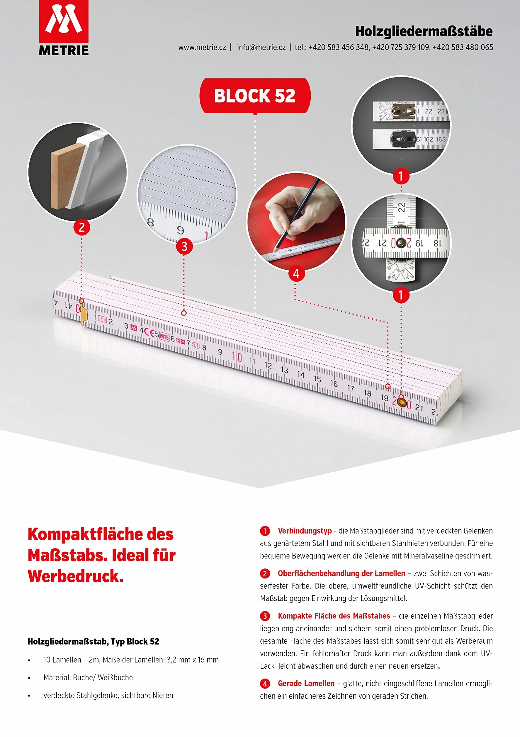 Metrie BLOCK52 Holz Zollstock/Zollstöcke 10x Stück|2m langer Gliedermaßstab, Meterstab mit Duplex-Teilung - Weiß, Hergestellt in der EU