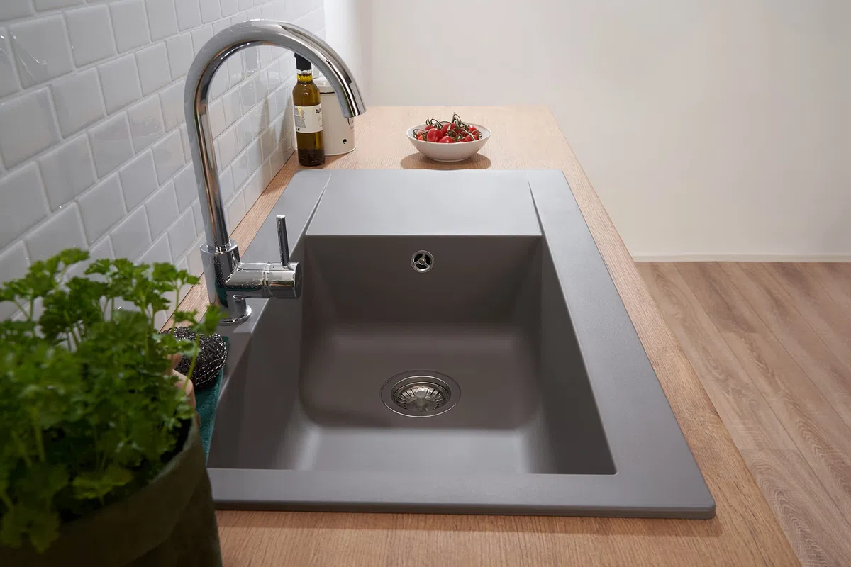 Respekta Lavello da Cucina Denver in Mineralite Color Grigio Antracite, Lavello da Incasso con 1 vasca, dimensioni 86 x 50 cm, Lavello Adatto per Mobili Sottolavello da 60 cm di Larghezza