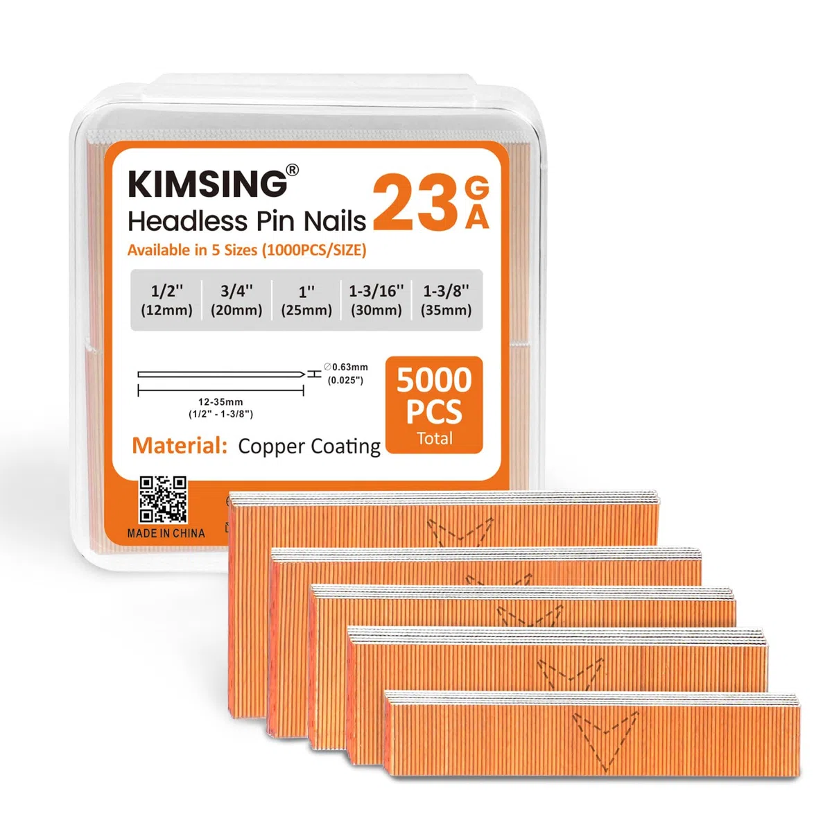 KIMSING Chiodi senza testa in rame assortiti, calibro 23, 5 misure (1/2", 3/4", 1", 1-3/16", 1-3/8"), 5000 pezzi, confezione multipla per pistola chiodatrice