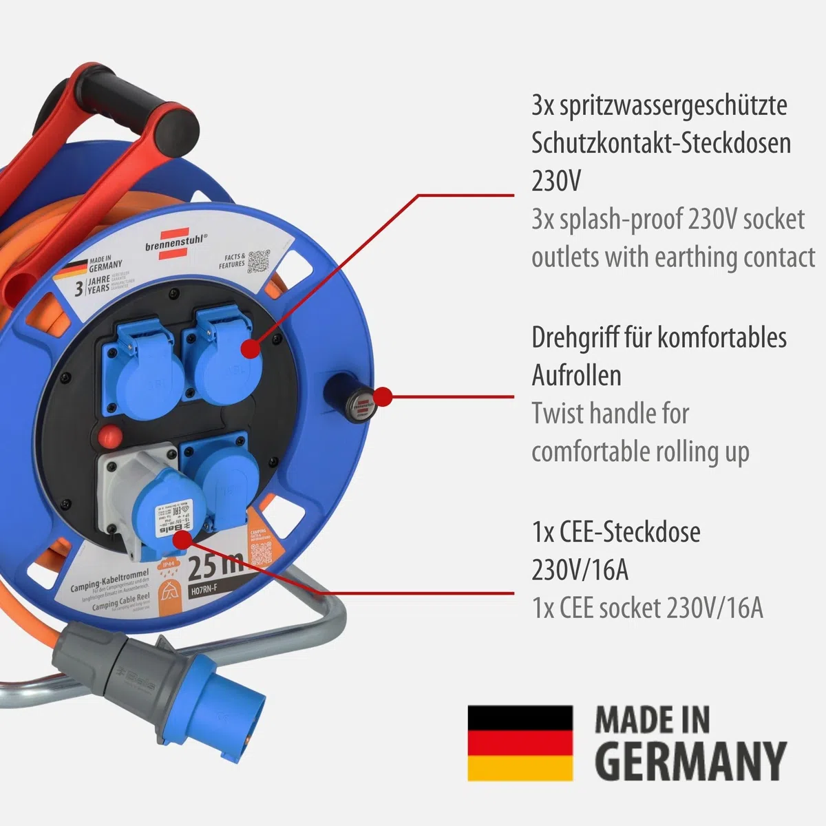 Brennenstuhl Garant Avvolgicavo da campeggio CEE IP44 (CEE con cavo da 25 m, H07RN-F 3G2.5, arancione, avvolgicavo per uso permanente esterno IP44, Made in Germany)
