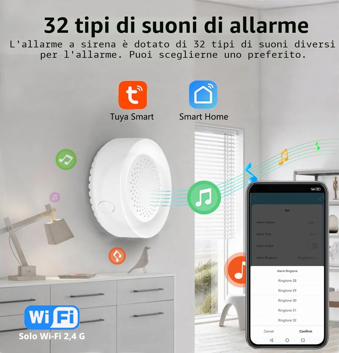 Smart Siren Alarm, Forte 100dB, Allarme Wireless per Sensore Porta Finestra, 32 Tipi di Suoni di Allarme Disponibili