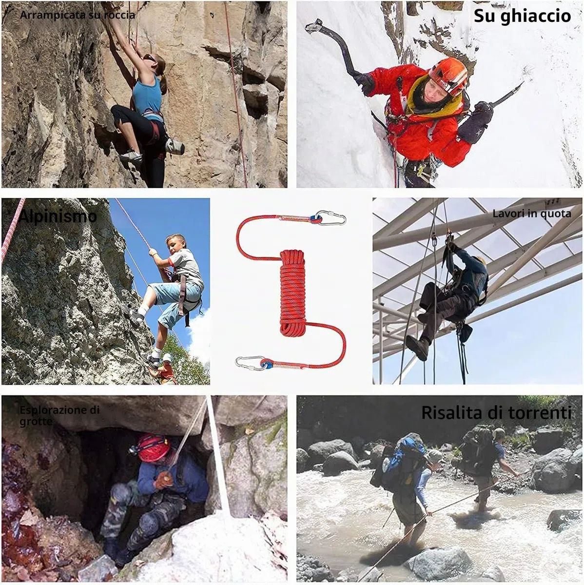 10M Corda da Arrampicata Fune di Sicurezza, 10mm Corda per Arrampicata su Roccia, Corda per Arrampicata All'Aperto con 2 Moschettone per Alpinismo, Campeggio Sportivo All'aperto, Fuga, Rosso