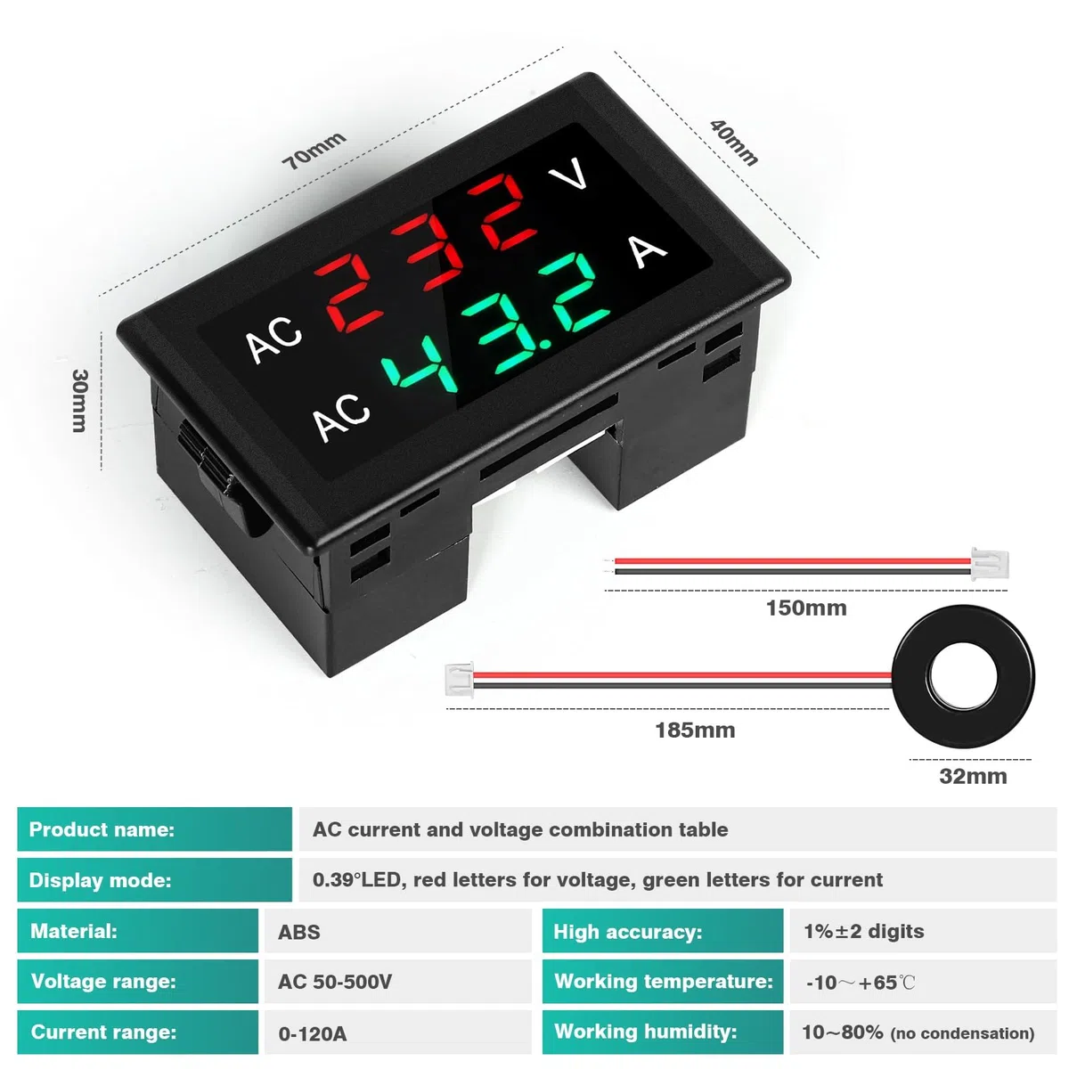 DEWIN Amperometro Voltmetro Digitale LCD AC50-500V 120A Amperometro Voltmetro da Pannello Misuratore di Tensione di Corrente Multimetro Display del Pannello con CT