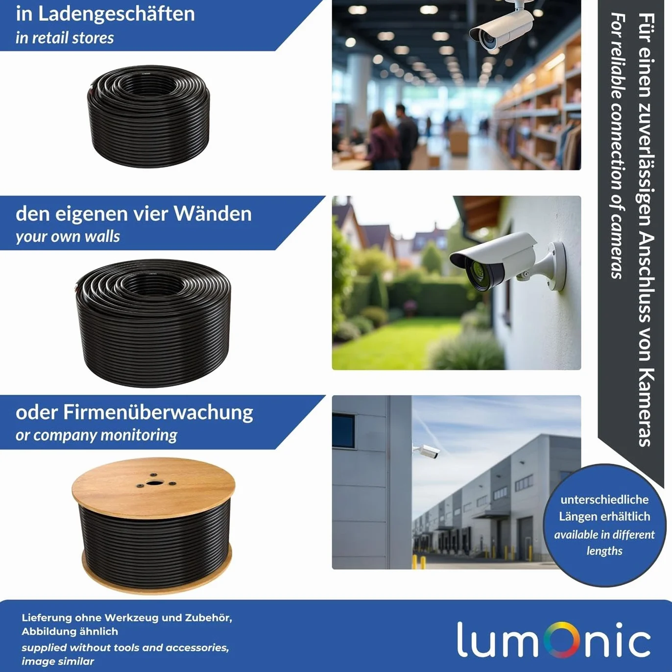 Lumonic RG59 RG59 Cavo coassiale + Linea elettrica 50m | Cavo di sorveglianza TVCC con alimentazione | Cavo combinato a 75 Ohm, Doppia schermatura, 90dB Smorzamento, Video + Elettricità