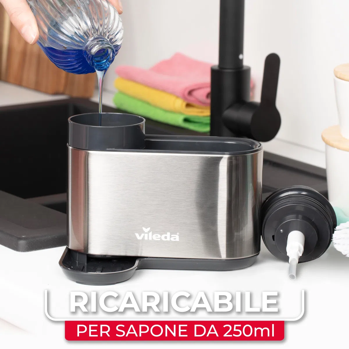 Vileda Sink Organizer con Dispenser di Sapone in Acciaio Inox - Porta Spugne da Cucina indipendente - Organizer Lavastoviglie con Dispenser di Sapone per Spugne e Spazzole - Durevole e Antiruggine