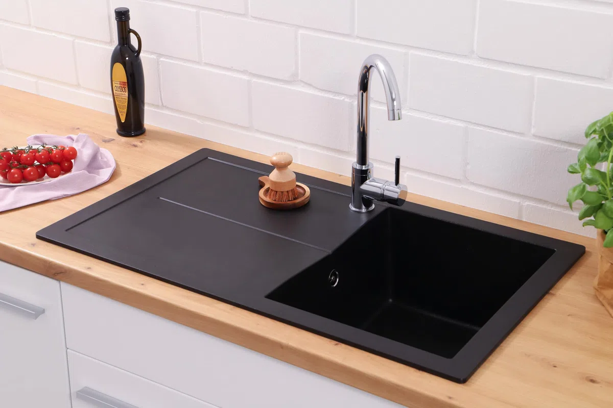 Respekta Cleveland Lavello in Mineralite nero/Lavello da incasso a 1 vasca da 86 x 50 cm/Lavello adatto a basi da 50 cm di larghezza