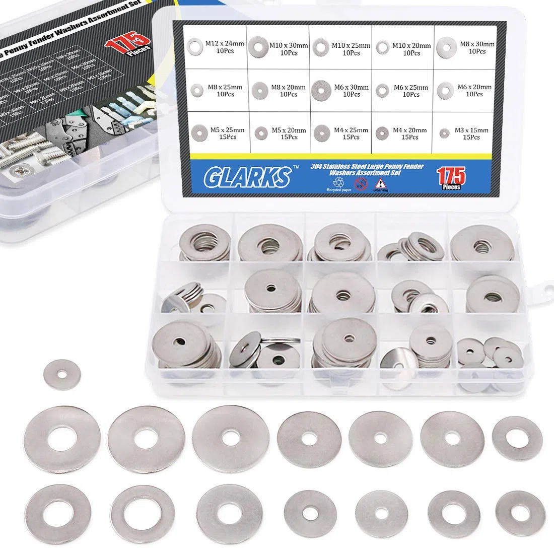 Glarks Set di 175 rondelle in acciaio inox 304 per parafango di grandi dimensioni -M3, M4, M5, M6, M8, M10, M12