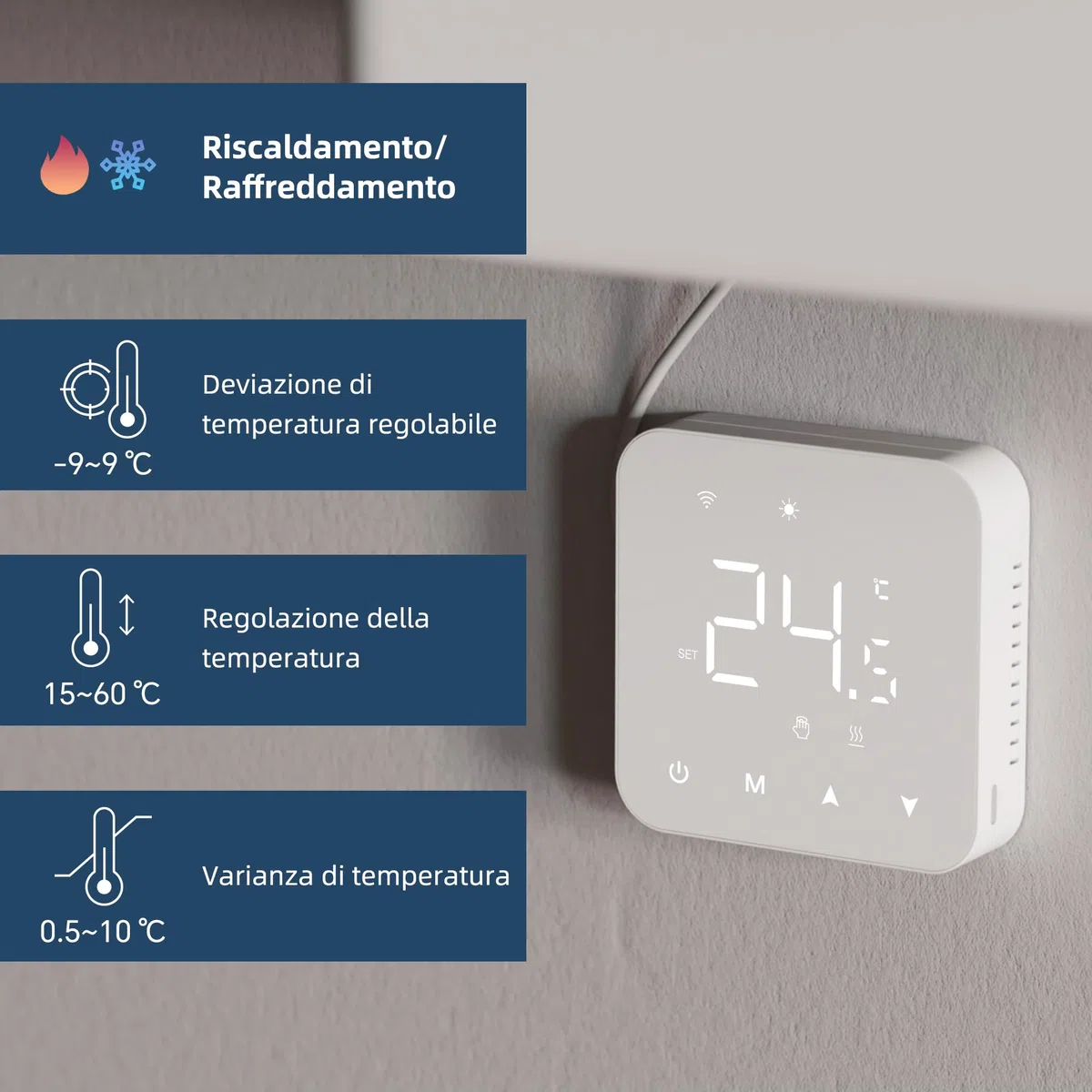 Termostato a batteria 2 fili per caldaie a gas，cronotermostato manuale ambiente a parete