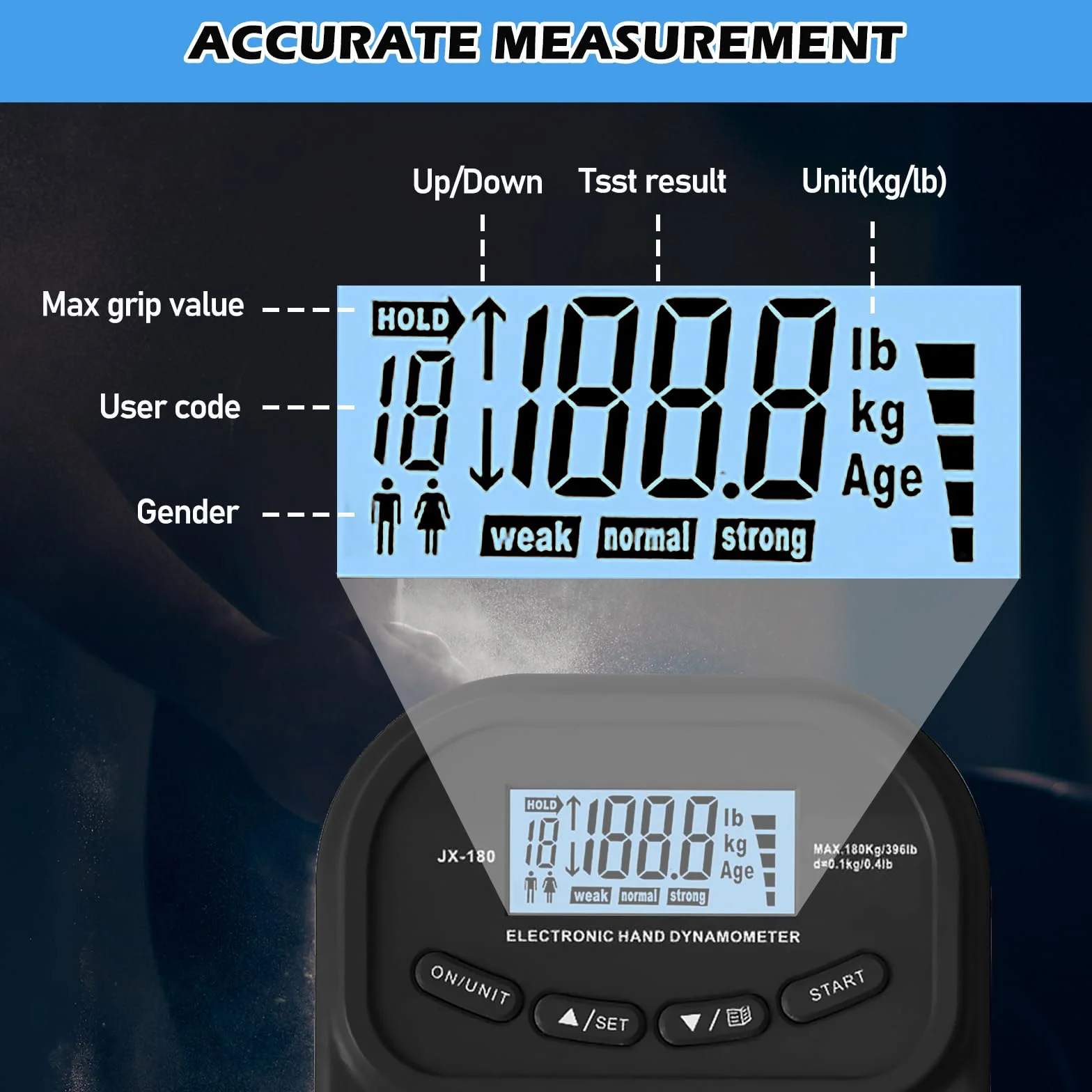 Vegena Misuratore di forza manuale digitale, manometro da 198 libbre/90 kg, dinamometro automatico manuale, display a LED e cavo di ricarica USB, design ergonomico (nero)