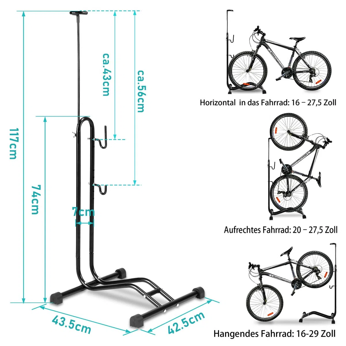 Cavalletto 3 in 1, regolabile in altezza, supporto orizzontale e verticale, antiscivolo, fino a 7 cm, compatibile biciclette fino a 27,5"