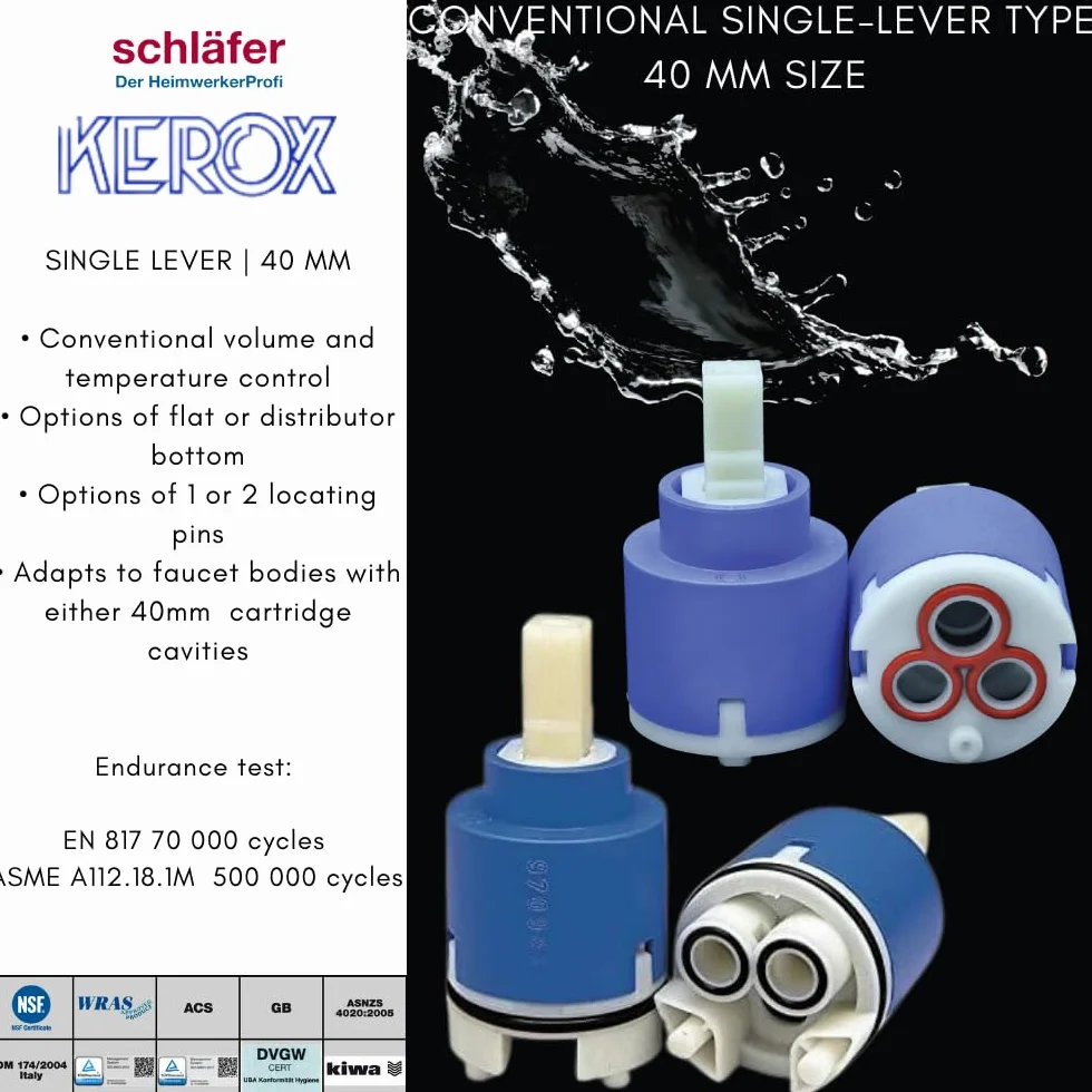 Schläfer 480061 | Cartuccia Miscelatore 40mm, Cartuccia di Ricambio per Miscelatori in Ceramica Alta a 2 Piedini per Rubinetti Miscelatori Cucina, Bagno, Doccia e Vasca, Modello Kerox K40-B