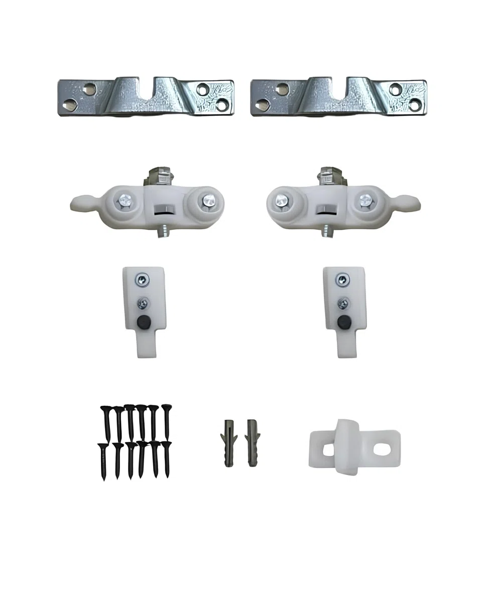 KIT per Porta Scorrevole Senza Binario - Comprende 2 Carrelli di Scorrimento, 2 Fermi Superiori, 2 Staffe di Fissaggio su Pannello - Disponibile in 2 Portate: 40kg e 80kg (Portata 80 KG)