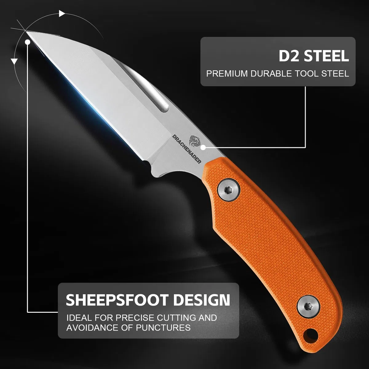 DRACHENADER Coltello da collo, coltello in acciaio D2 lama fissa con clip da cintura, coltello da esterno piccolo, Blade Silver+ G10 manico arancione