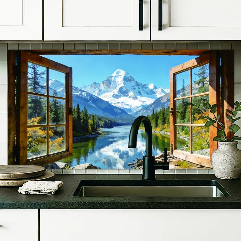 1 pannello paraschizzi per cucina, finestra vista montagna, adesivo da parete rimovibile senza danneggiare la parete, paraschizzi per cucina appartamento 40 x 76 cm