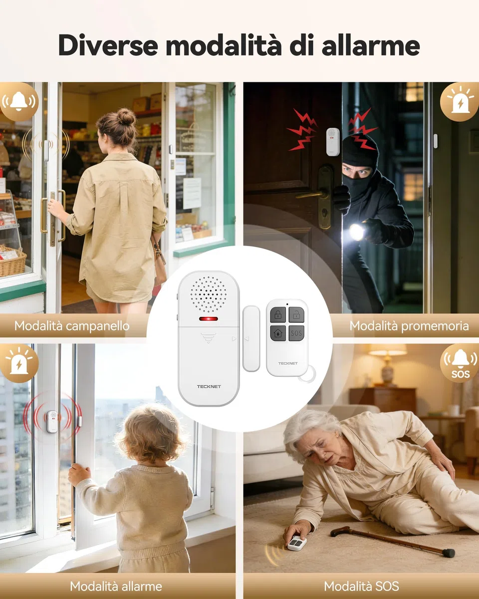 TECKNET Allarme Casa Senza Fili, Antifurto Casa con Telecomando, Allarme Porta Ingresso 4 Modalità 5 Livelli Volume Regolabili, 2-in-1 Allarme e Campanello per Residenza, Negozio, Hotel (2PCS)