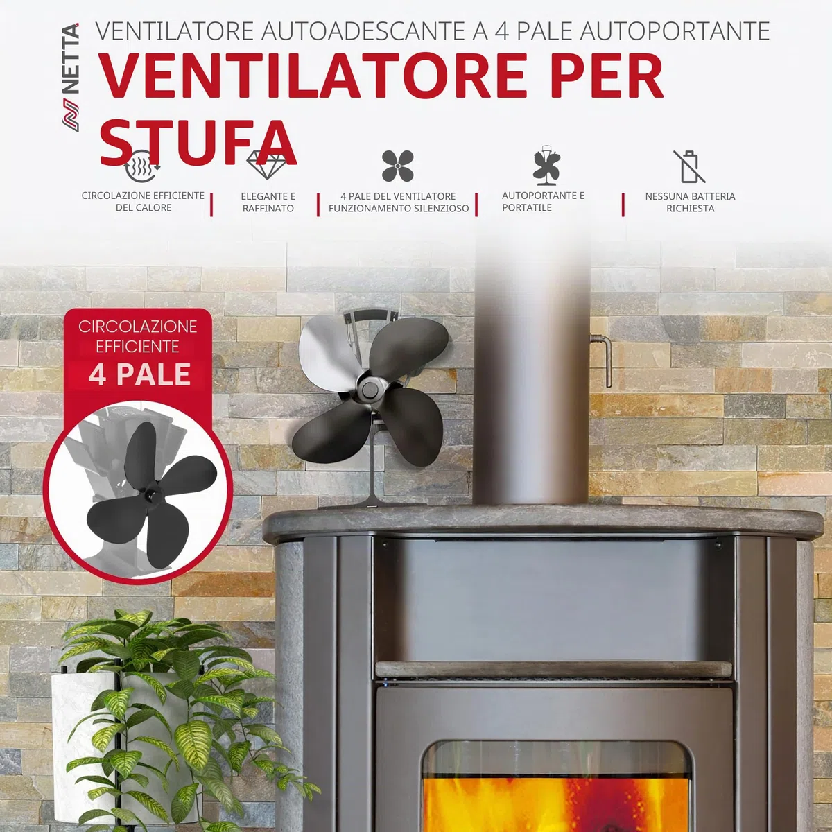 NETTA Ventilatore per camini a legna, funzionamento senza corrente, 4 Elica - ventilatore della stufa