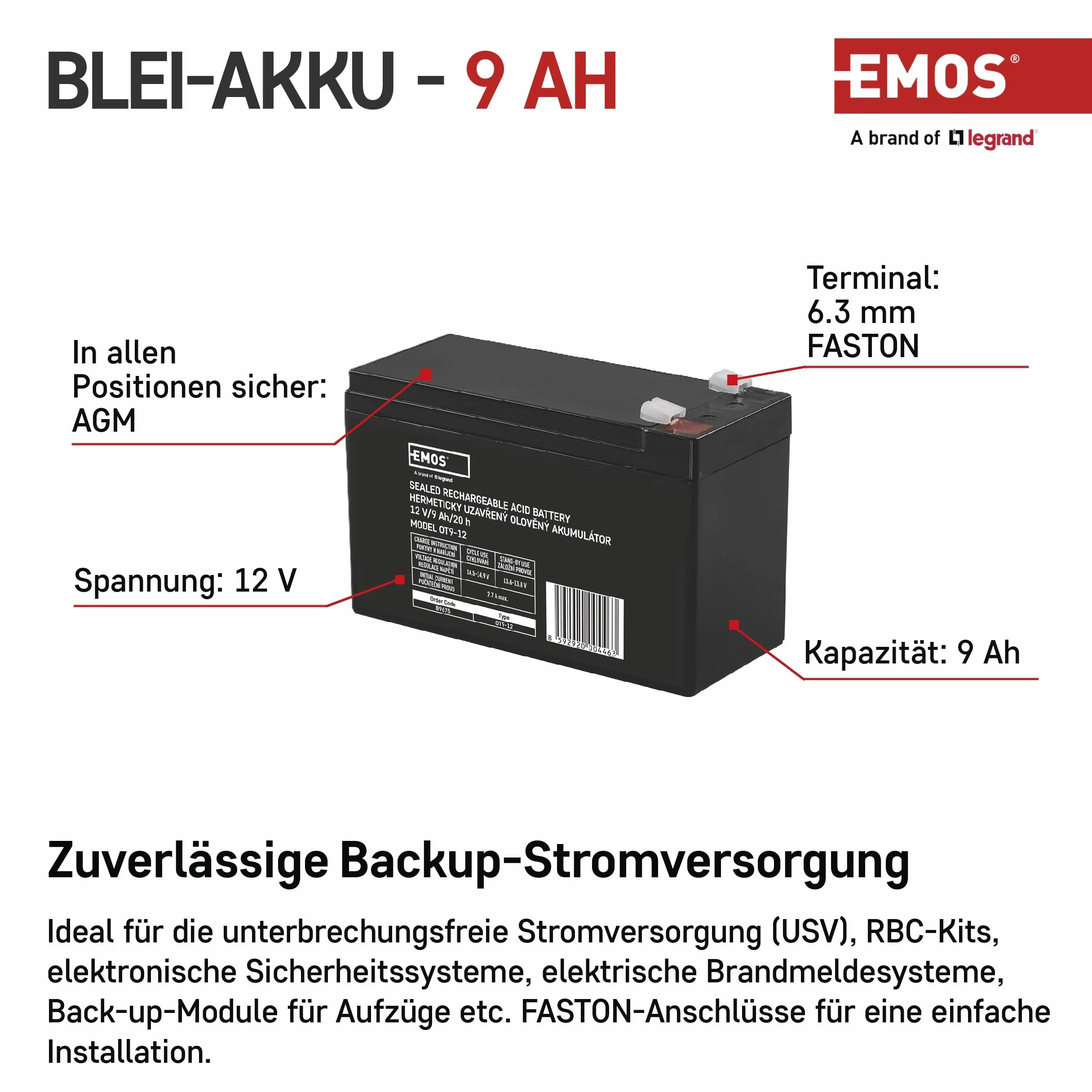 EMOS - Batteria al piombo senza manutenzione - 12 V 9 Ah - Batteria AGM - Connettore Faston 6,3 mm - Per dispositivi UPS - 151 x 65 x 94 mm